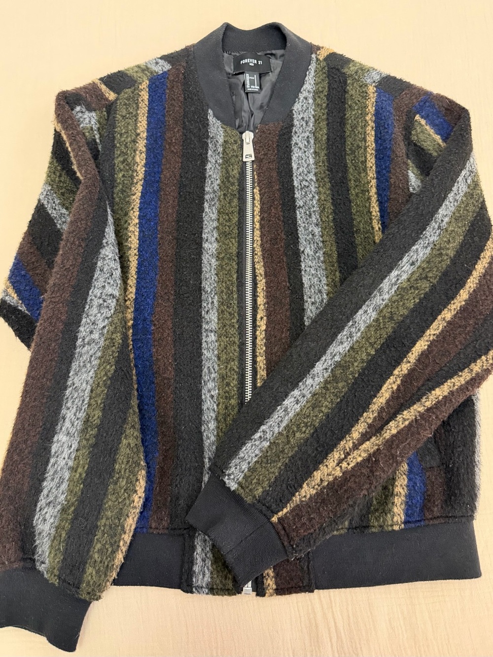Forever 21 Men's Striped Bomber Jacket - Olive, Gray, Blue, Brown
